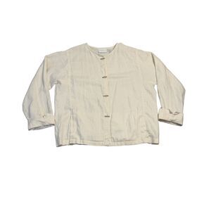 VTG Lagen Look Cream 100% Linen Collarless Shirt Jacket Ivory Toggle Button L